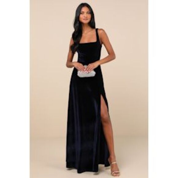 Lulus Dresses & Skirts - Lulus Women Graceful Invite Velvet Square Neck Lace-Up Maxi Dress Blue X-Small